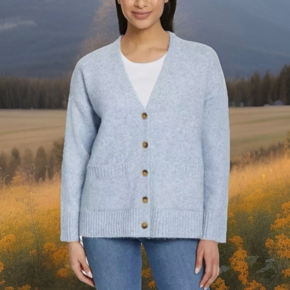 Ella Moss Womens Relaxed Boyfriend Fit Pockets Button-Up Cardigan Blue- Last One